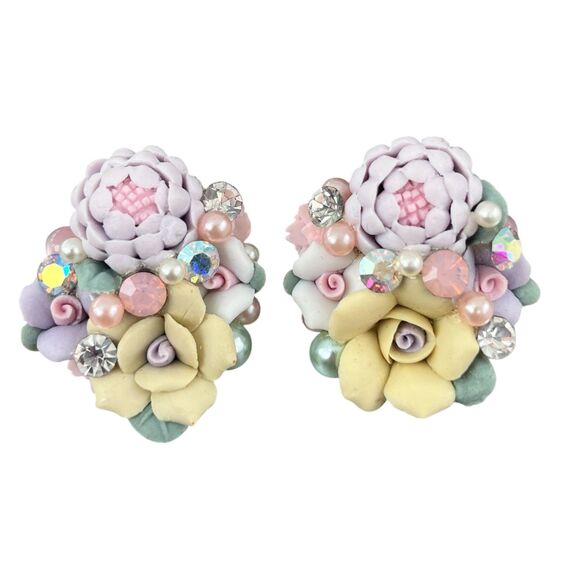 Vintage 1980s Statement Earrings Pastel Porcelain Rose Crystal Cluster - 3U - Picture 4 of 5